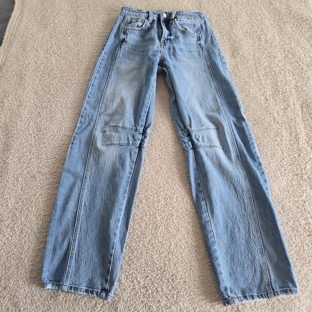 Flying Monkey Barrel Jeans Women's  25 Blue Seam Detail Knee Pleat High Rise